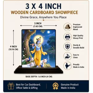 Car Dashboard Krishna Wooden Photo Stand  3x4 Inches, Compact & Stylish Spiritual Display For Car, Home & Office (Pack Of 1) (F49526)