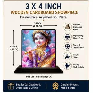 Car Dashboard Shree Krishna Wooden Photo Stand 3x4 Inches, Compact & Stylish Spiritual Display For Car, Home & Office (Pack Of 1) (F49579) Car Dashboard Shree Krishna Wooden Photo Stand 3x4 Inches, Compact & Stylish Spiritual Display For Car, Home & Office (Pack Of 1) (F49579)