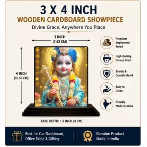 Car Dashboard Shree Krishna Wooden Photo Stand  3x4 Inches, Compact & Stylish Spiritual Display For Car, Home & Office (Pack Of 1) (F49580)