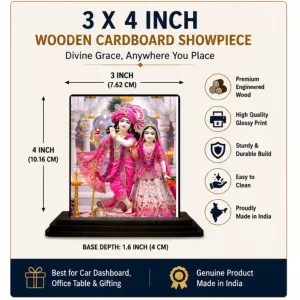 Car Dashboard Krishna And Radha Wooden Photo Stand  3x4 Inches, Compact & Stylish Spiritual Display For Car, Home & Office (Pack Of 1) (F49634)