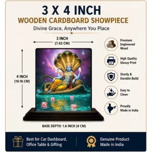 Car Dashboard Vishnu Wooden Photo Stand  3x4 Inches, Compact & Stylish Spiritual Display For Car, Home & Office (Pack Of 1) (F49802)