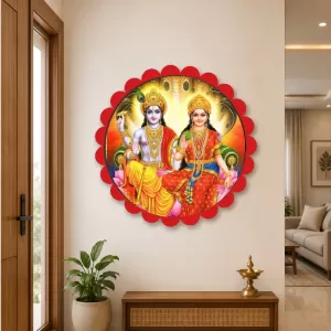 Radha Krishna Wall Hanging Photo Frame | 8 Inch Round Floral Design With Golden Hanging Chain | Decorative Religious Wall Decor For Home, Office, Temple & Pooja Room (F21786)