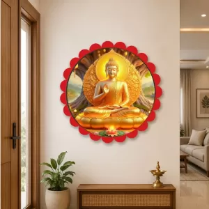 Serene Buddha Wall Hanging Photo Frame | 8 Inch Round Floral Design With Golden Hanging Chain | Decorative Religious Wall Decor For Home, Office, Temple & Pooja Room (F21812) Serene Buddha Wall Hanging Photo Frame | 8 Inch Round Floral Design With Golden Hanging Chain | Decorative Religious Wall Decor For Home, Office, Temple & Pooja Room (F21812)