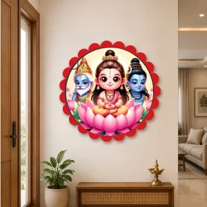 Bramha Vishnu And Shiva Wall Hanging Photo Frame | 8 Inch Round Floral Design With Golden Hanging Chain | Decorative Religious Wall Decor For Home, Office, Temple & Pooja Room (F21819) Bramha Vishnu And Shiva Wall Hanging Photo Frame | 8 Inch Round Floral Design With Golden Hanging Chain | Decorative Religious Wall Decor For Home, Office, Temple & Pooja Room (F21819)