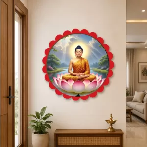 Serene Buddha Wall Hanging Photo Frame | 8 Inch Round Floral Design With Golden Hanging Chain | Decorative Religious Wall Decor For Home, Office, Temple & Pooja Room (F21878) Serene Buddha Wall Hanging Photo Frame | 8 Inch Round Floral Design With Golden Hanging Chain | Decorative Religious Wall Decor For Home, Office, Temple & Pooja Room (F21878)