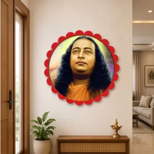 Paramhamsa Yogananda Wall Hanging Photo Frame | 8 Inch Round Floral Design With Golden Hanging Chain | Decorative Religious Wall Decor For Home, Office, Temple & Pooja Room (F21968)