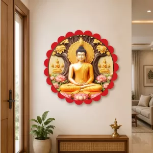 Serene Buddha Wall Hanging Photo Frame | 8 Inch Round Floral Design With Golden Hanging Chain | Decorative Religious Wall Decor For Home, Office, Temple & Pooja Room (F22015) Serene Buddha Wall Hanging Photo Frame | 8 Inch Round Floral Design With Golden Hanging Chain | Decorative Religious Wall Decor For Home, Office, Temple & Pooja Room (F22015)