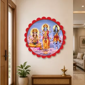 Bramha Vishnu And Shiva Wall Hanging Photo Frame | 8 Inch Round Floral Design With Golden Hanging Chain | Decorative Religious Wall Decor For Home, Office, Temple & Pooja Room (F22034) Bramha Vishnu And Shiva Wall Hanging Photo Frame | 8 Inch Round Floral Design With Golden Hanging Chain | Decorative Religious Wall Decor For Home, Office, Temple & Pooja Room (F22034)
