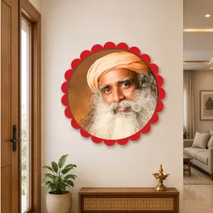 Sadhguru Wall Hanging Photo Frame | 8 Inch Round Floral Design With Golden Hanging Chain | Decorative Religious Wall Decor For Home, Office, Temple & Pooja Room (F22070)