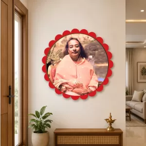 Paramahamsa Yoganananda Wall Hanging Photo Frame | 8 Inch Round Floral Design With Golden Hanging Chain | Decorative Religious Wall Decor For Home, Office, Temple & Pooja Room (F22073)