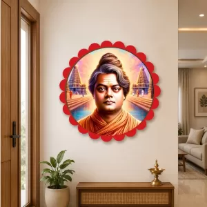 Swami Vivekananda Wall Hanging Photo Frame | 8 Inch Round Floral Design With Golden Hanging Chain | Decorative Religious Wall Decor For Home, Office, Temple & Pooja Room (F22126)