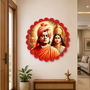 Swami Vivekananda Wall Hanging Photo Frame | 8 Inch Round Floral Design With Golden Hanging Chain | Decorative Religious Wall Decor For Home, Office, Temple & Pooja Room (F22127)