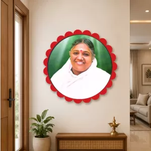 Mata Amritanandamayi Wall Hanging Photo Frame | 8 Inch Round Floral Design With Golden Hanging Chain | Decorative Religious Wall Decor For Home, Office, Temple & Pooja Room (F22718)
