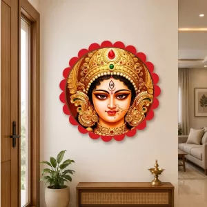 Maa Durga Wall Hanging Photo Frame | 8 Inch Round Floral Design With Golden Hanging Chain | Decorative Religious Wall Decor For Home, Office, Temple & Pooja Room (F22732)