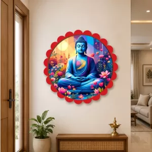 Serene Buddha Wall Hanging Photo Frame | 8 Inch Round Floral Design With Golden Hanging Chain | Decorative Religious Wall Decor For Home, Office, Temple & Pooja Room (F22735) Serene Buddha Wall Hanging Photo Frame | 8 Inch Round Floral Design With Golden Hanging Chain | Decorative Religious Wall Decor For Home, Office, Temple & Pooja Room (F22735)