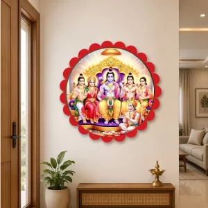 Lord Rama Darbar Wall Hanging Photo Frame | 8 Inch Round Floral Design With Golden Hanging Chain | Decorative Religious Wall Decor For Home, Office, Temple & Pooja Room (F22740)