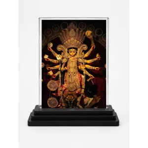 Durga Maa Acrylic Car Dashboard Showpiece | Double-Sided Durga Maa Photo Stand | 3 X 4 Inch Photo | Transparent Acrylic Frame With Black Base | Car Dashboard, Office & Table Decor (F70225)