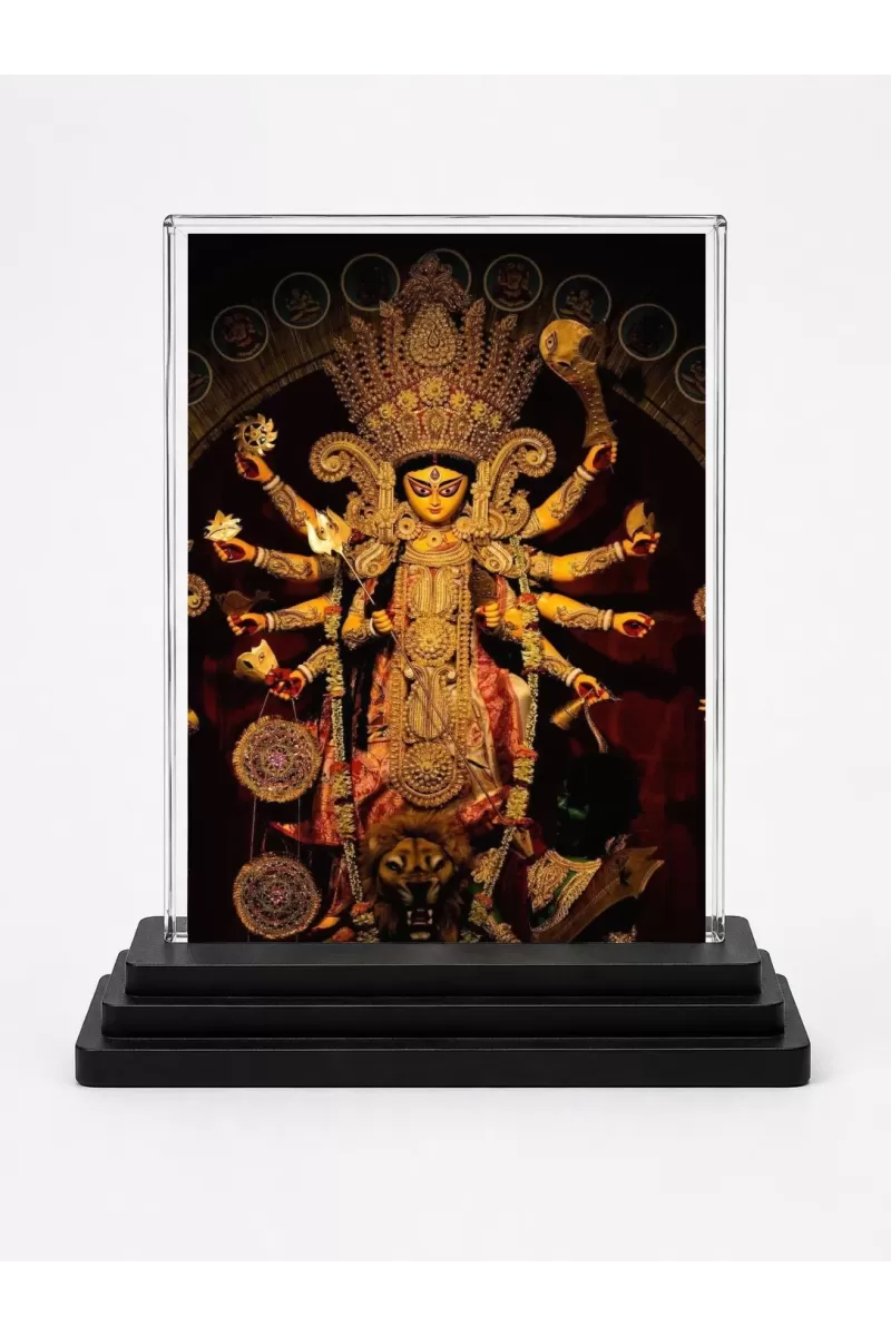 Durga Maa Acrylic Car Dashboard Showpiece | Double-Sided Durga Maa Photo Stand | 3 X 4 Inch Photo | Transparent Acrylic Frame With Black Base | Car Dashboard, Office & Table Decor (F70225)