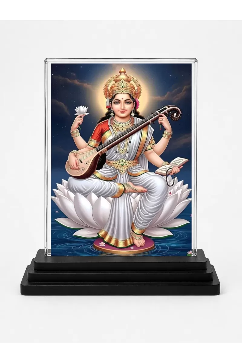 Hindu Goddess Acrylic Car Dashboard Showpiece | Double-Sided Hindu Goddess Photo Stand | 3 X 4 Inch Photo | Transparent Acrylic Frame With Black Base | Car Dashboard, Office & Table Decor (F70230)
