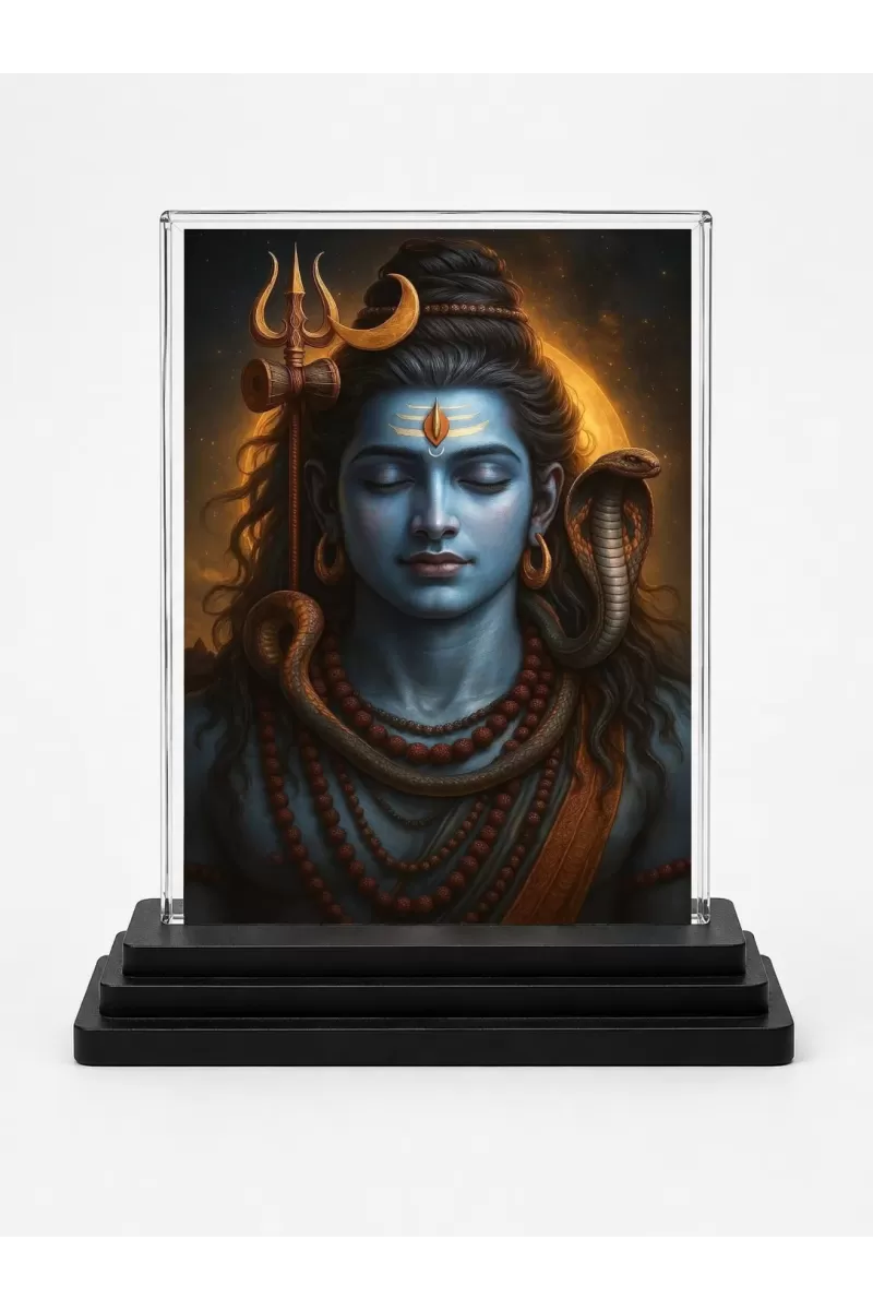 Lord Shiva Acrylic Car Dashboard Showpiece | Double-Sided Lord Shiva Photo Stand | 3 X 4 Inch Photo | Transparent Acrylic Frame With Black Base | Car Dashboard, Office & Table Decor (F70233)