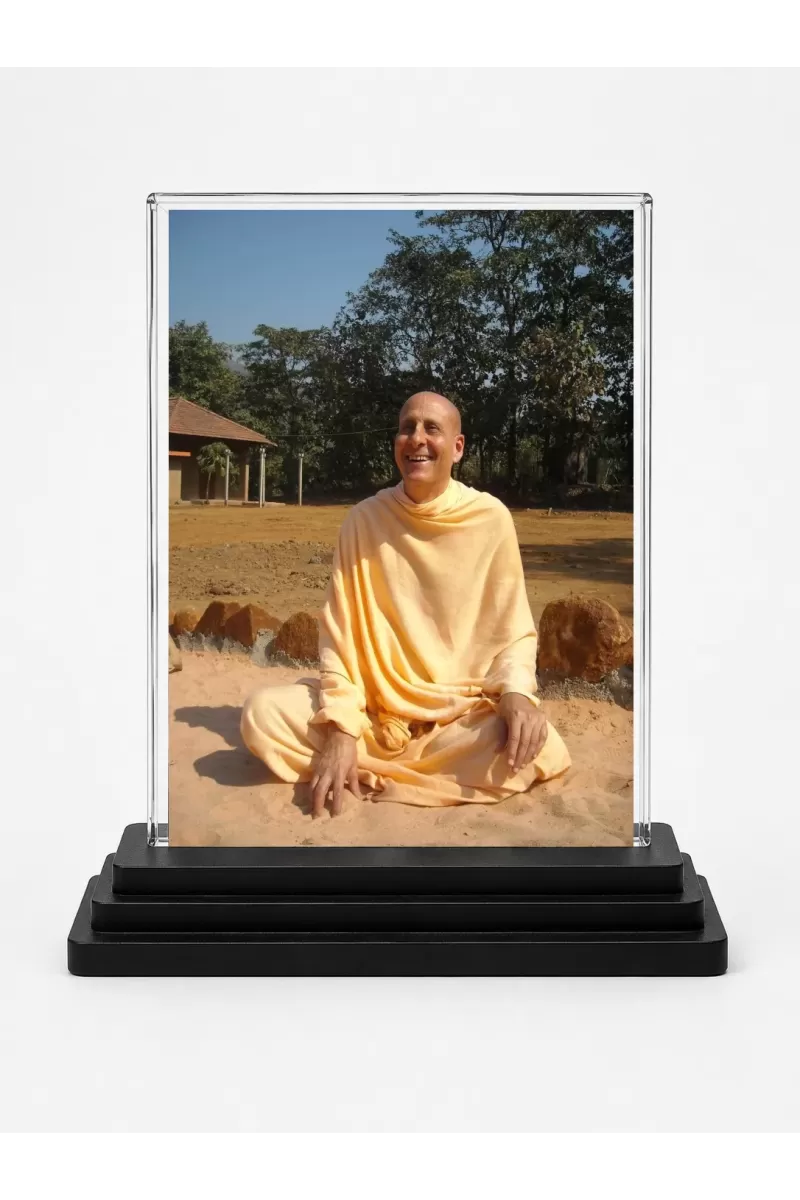 Radhanath Swami Acrylic Car Dashboard Showpiece | Double-Sided Radhanath Swami Photo Stand | 3 X 4 Inch Photo | Transparent Acrylic Frame With Black Base | Car Dashboard, Office & Table Decor (F70235)