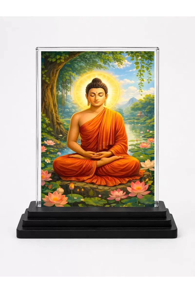 Gautama Buddha Acrylic Car Dashboard Showpiece | Double-Sided Gautama Buddha Photo Stand | 3 X 4 Inch Photo | Transparent Acrylic Frame With Black Base | Car Dashboard, Office & Table Decor (F70236)
