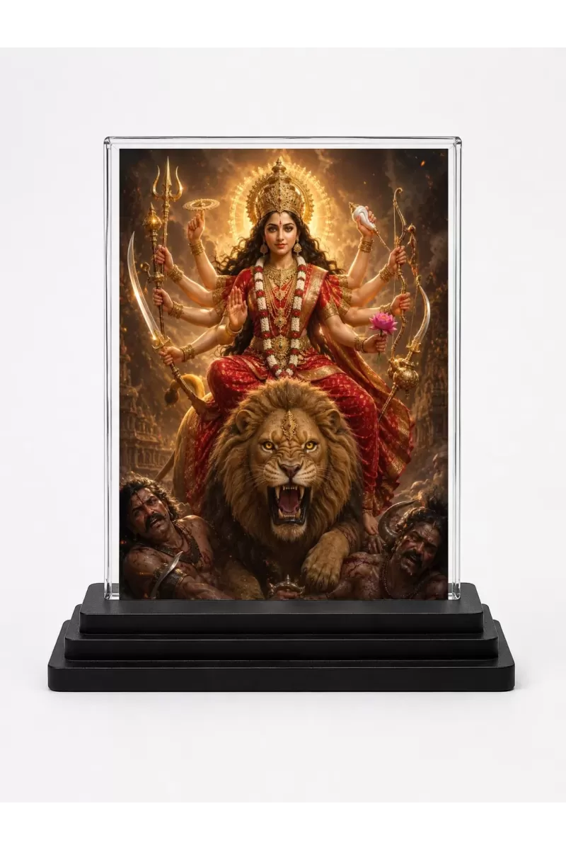 Durga Maa Acrylic Car Dashboard Showpiece | Double-Sided Durga Maa Photo Stand | 3 X 4 Inch Photo | Transparent Acrylic Frame With Black Base | Car Dashboard, Office & Table Decor (F70237)