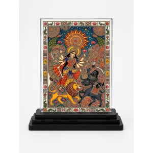 Durga Maa Acrylic Car Dashboard Showpiece | Double-Sided Durga Maa Photo Stand | 3 X 4 Inch Photo | Transparent Acrylic Frame With Black Base | Car Dashboard, Office & Table Decor (F70239)