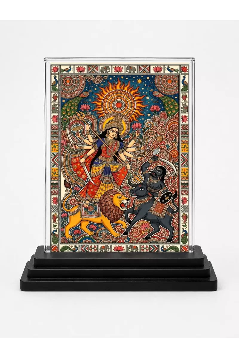 Durga Maa Acrylic Car Dashboard Showpiece | Double-Sided Durga Maa Photo Stand | 3 X 4 Inch Photo | Transparent Acrylic Frame With Black Base | Car Dashboard, Office & Table Decor (F70239)