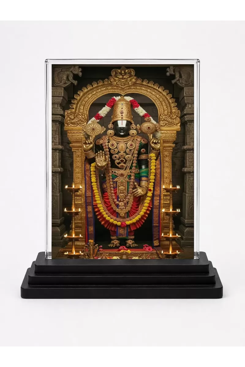 Tirupati Balaji Acrylic Car Dashboard Showpiece | Double-Sided Tirupati Balaji Photo Stand | 3 X 4 Inch Photo | Transparent Acrylic Frame With Black Base | Car Dashboard, Office & Table Decor (F70243)