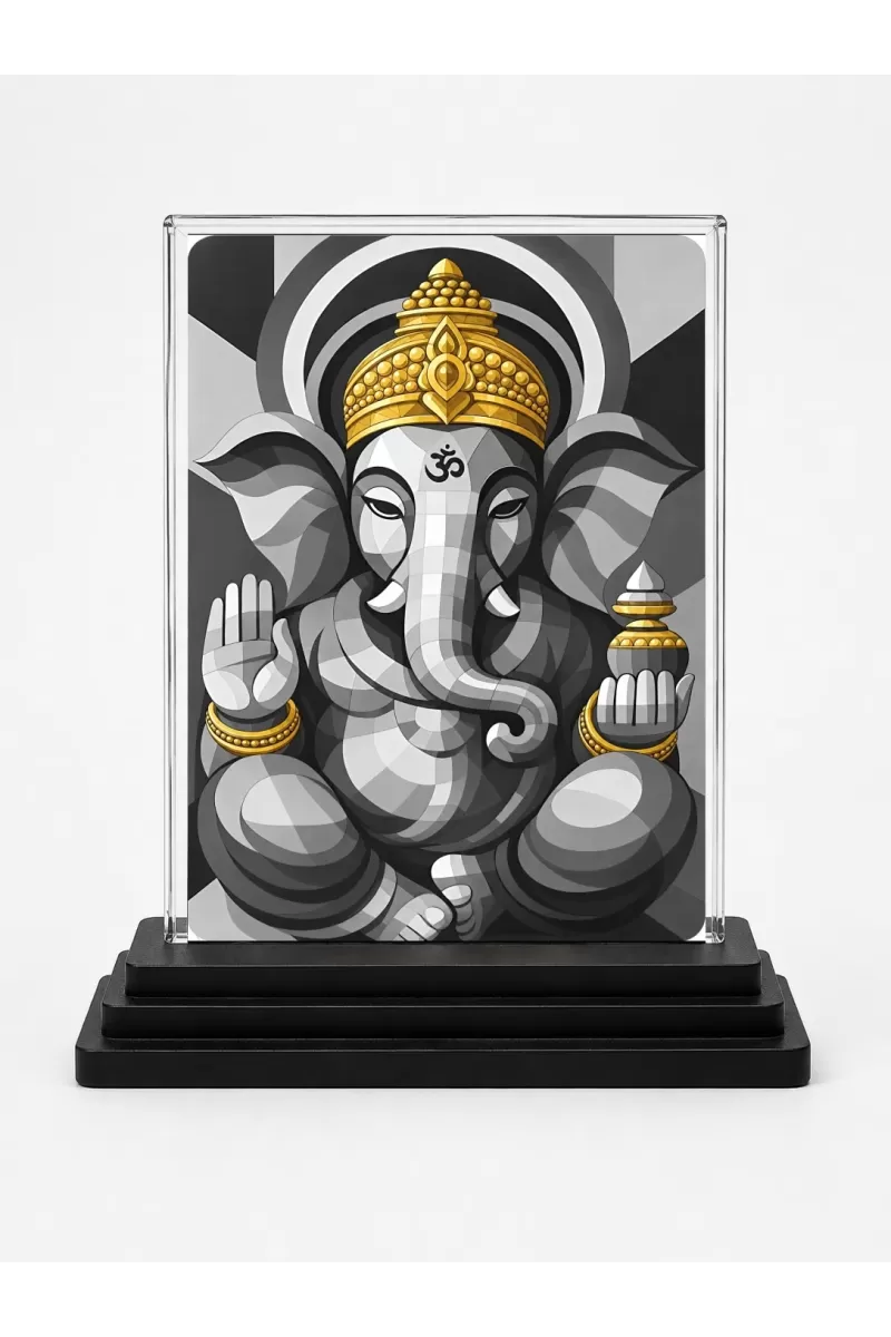 Lord Ganesha Acrylic Car Dashboard Showpiece | Double-Sided Lord Ganesha Photo Stand | 3 X 4 Inch Photo | Transparent Acrylic Frame With Black Base | Car Dashboard, Office & Table Decor (F70244)
