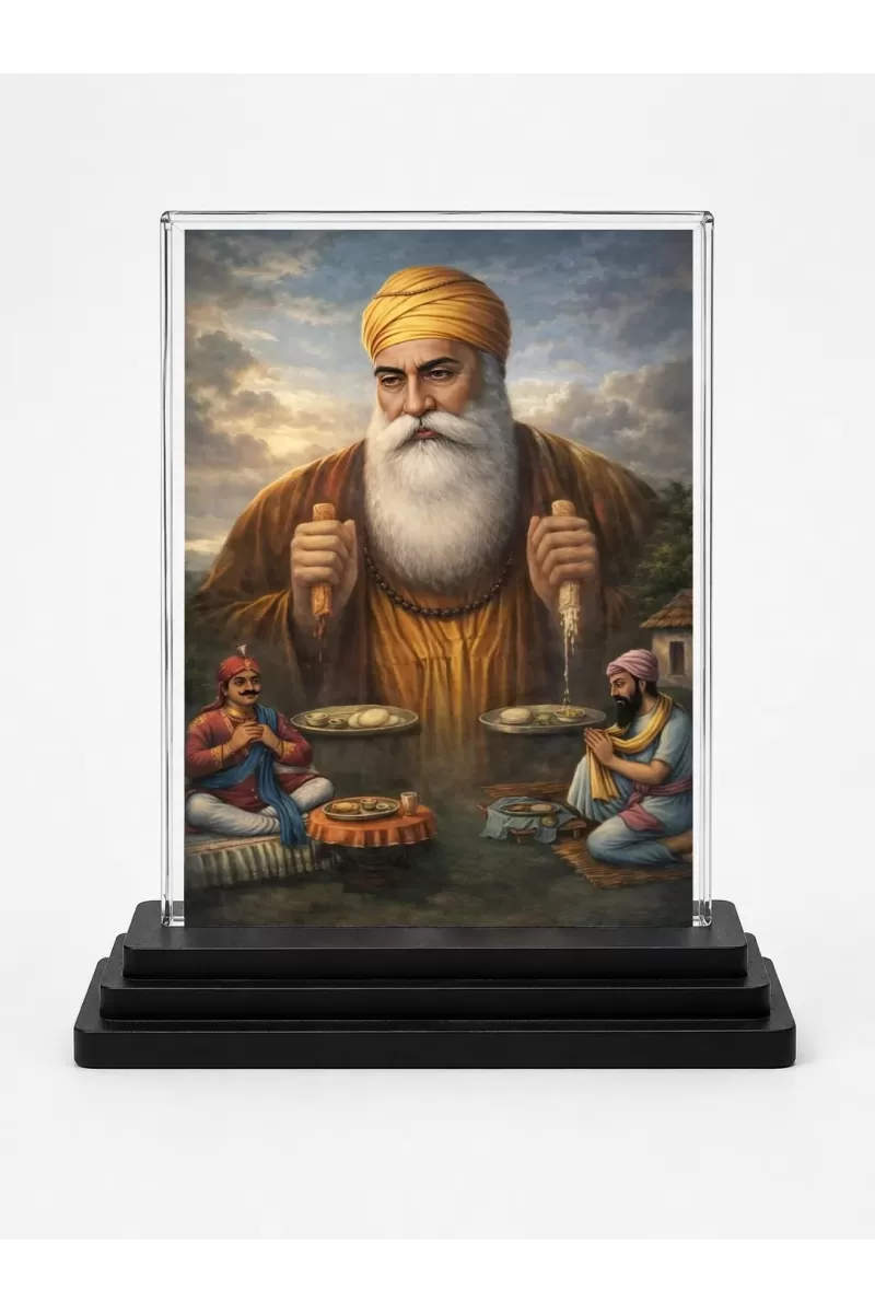 Guru Nanak Dev Ji Acrylic Car Dashboard Showpiece | Double-Sided Guru Nanak Dev Ji Photo Stand | 3 X 4 Inch Photo | Transparent Acrylic Frame With Black Base | Car Dashboard, Office & Table Decor (F70249)