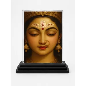 Durga Maa Acrylic Car Dashboard Showpiece | Double-Sided Durga Maa Photo Stand | 3 X 4 Inch Photo | Transparent Acrylic Frame With Black Base | Car Dashboard, Office & Table Decor (F70251)