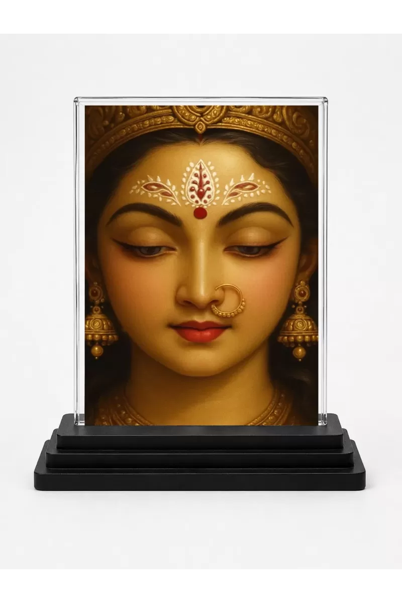Durga Maa Acrylic Car Dashboard Showpiece | Double-Sided Durga Maa Photo Stand | 3 X 4 Inch Photo | Transparent Acrylic Frame With Black Base | Car Dashboard, Office & Table Decor (F70251)