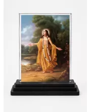 Chaitanya Mahaprabhu Acrylic Car Dashboard Showpiece | Double-Sided Chaitanya Mahaprabhu Photo Stand | 3 X 4 Inch Photo | Transparent Acrylic Frame With Black Base | Car Dashboard, Office & Table Decor (F70254)