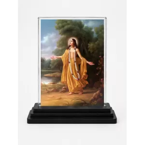 Chaitanya Mahaprabhu Acrylic Car Dashboard Showpiece | Double-Sided Chaitanya Mahaprabhu Photo Stand | 3 X 4 Inch Photo | Transparent Acrylic Frame With Black Base | Car Dashboard, Office & Table Decor (F70254)