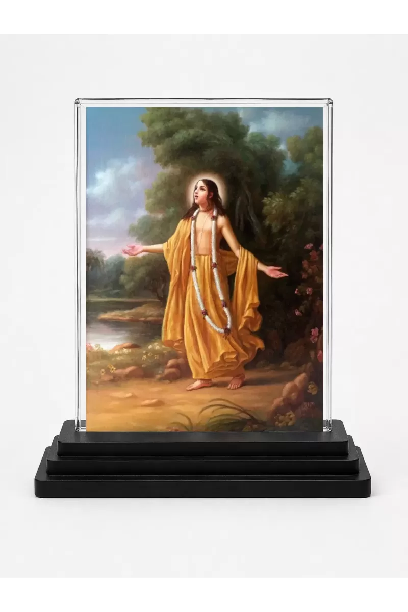 Chaitanya Mahaprabhu Acrylic Car Dashboard Showpiece | Double-Sided Chaitanya Mahaprabhu Photo Stand | 3 X 4 Inch Photo | Transparent Acrylic Frame With Black Base | Car Dashboard, Office & Table Decor (F70254)