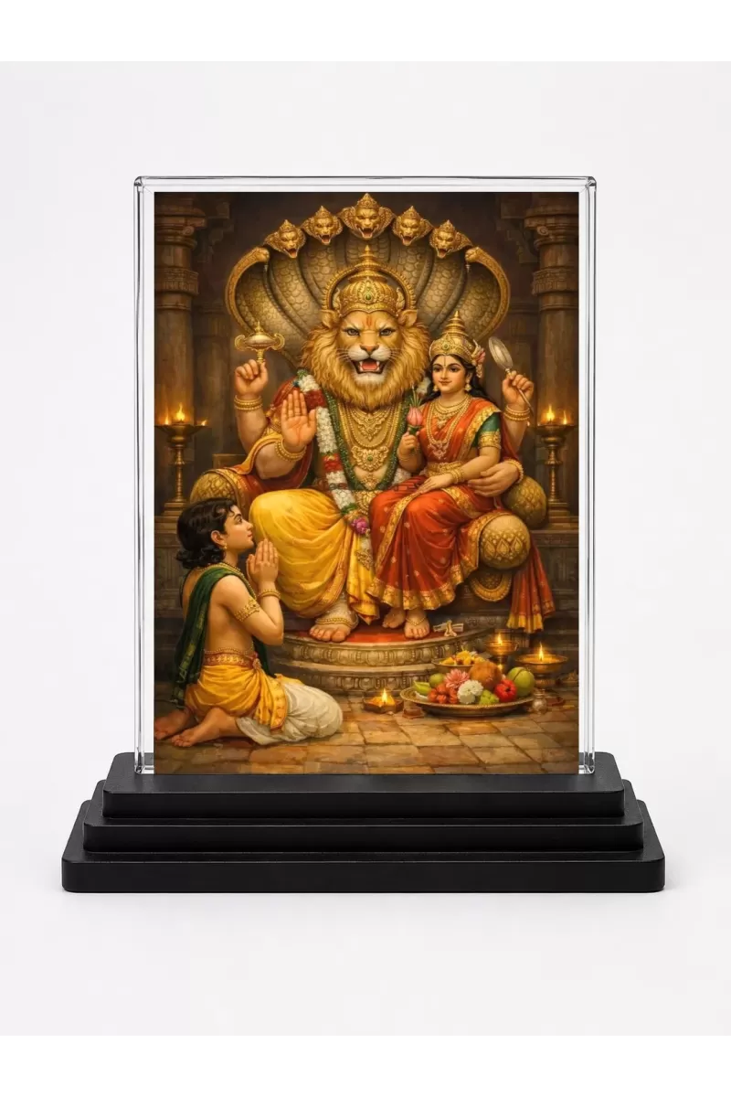Narasimha Acrylic Car Dashboard Showpiece | Double-Sided Narasimha Photo Stand | 3 X 4 Inch Photo | Transparent Acrylic Frame With Black Base | Car Dashboard, Office & Table Decor (F70256)