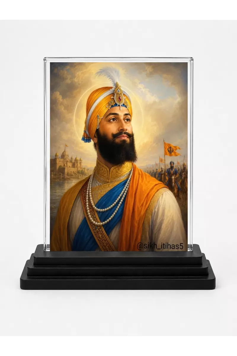 Guru Gobind Singh Ji Acrylic Car Dashboard Showpiece | Double-Sided Guru Gobind Singh Ji Photo Stand | 3 X 4 Inch Photo | Transparent Acrylic Frame With Black Base | Car Dashboard, Office & Table Decor (F70260)