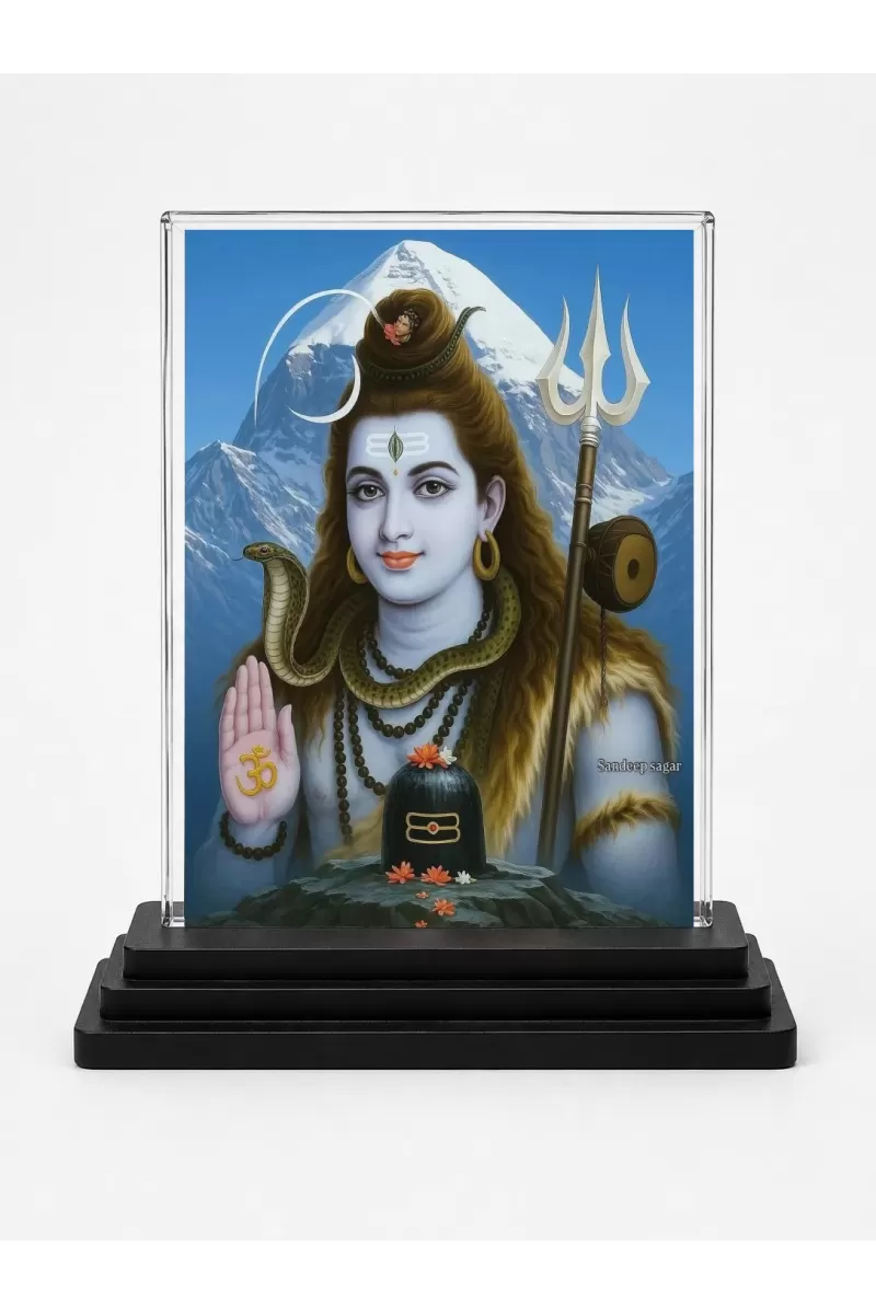 Lord Shiva Acrylic Car Dashboard Showpiece | Double-Sided Lord Shiva Photo Stand | 3 X 4 Inch Photo | Transparent Acrylic Frame With Black Base | Car Dashboard, Office & Table Decor (F70261)