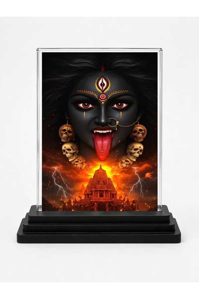 Maa Kali Acrylic Car Dashboard Showpiece | Double-Sided Maa Kali Photo Stand | 3 X 4 Inch Photo | Transparent Acrylic Frame With Black Base | Car Dashboard, Office & Table Decor (F70265)