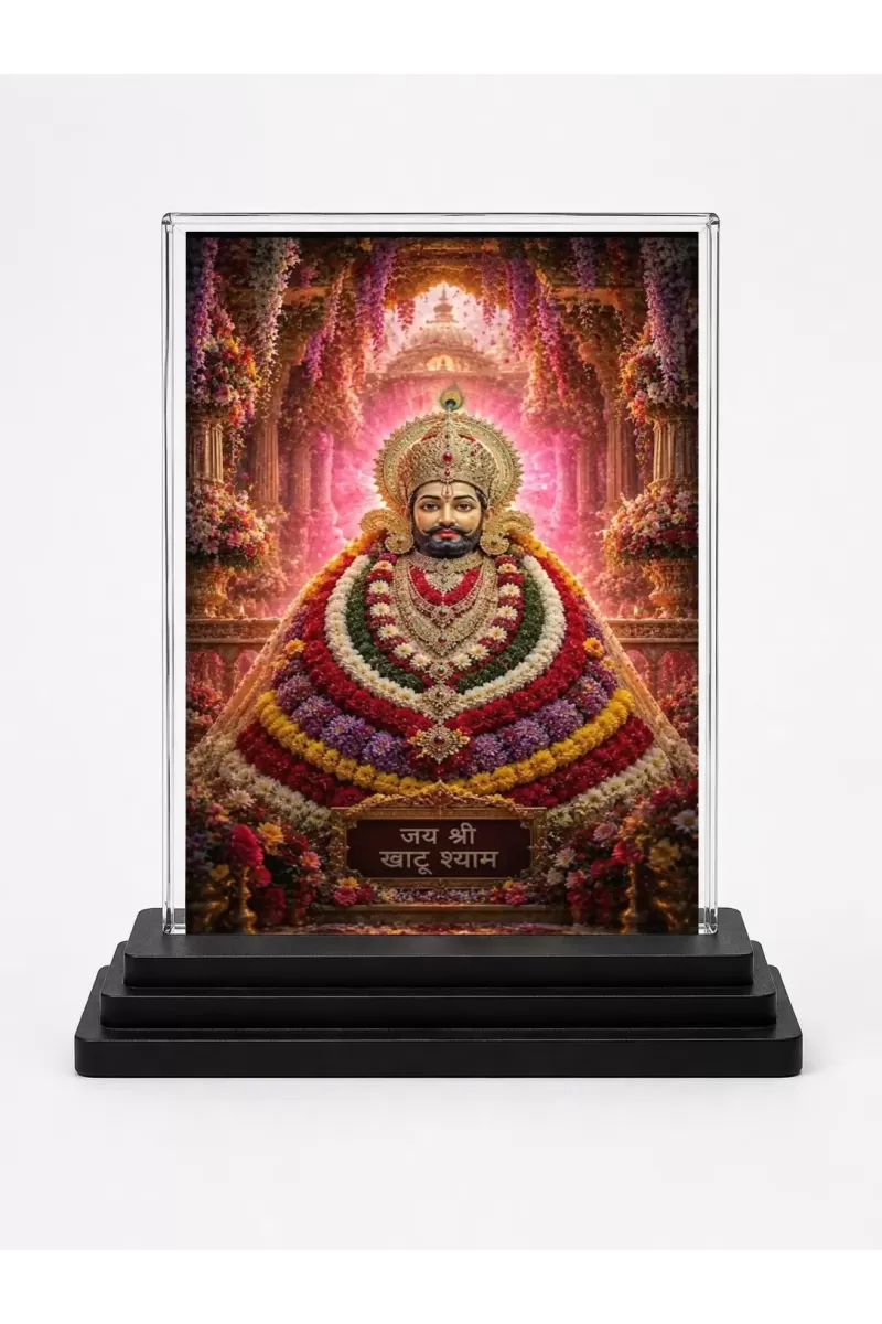 Khatu Shyam Ji Acrylic Car Dashboard Showpiece | Double-Sided Khatu Shyam Ji Photo Stand | 3 X 4 Inch Photo | Transparent Acrylic Frame With Black Base | Car Dashboard, Office & Table Decor (F70266)