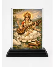 Saraswati Acrylic Car Dashboard Showpiece | Double-Sided Saraswati Photo Stand | 3 X 4 Inch Photo | Transparent Acrylic Frame With Black Base | Car Dashboard, Office & Table Decor (F70268)