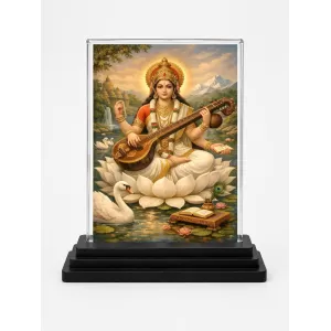 Saraswati Acrylic Car Dashboard Showpiece | Double-Sided Saraswati Photo Stand | 3 X 4 Inch Photo | Transparent Acrylic Frame With Black Base | Car Dashboard, Office & Table Decor (F70268)