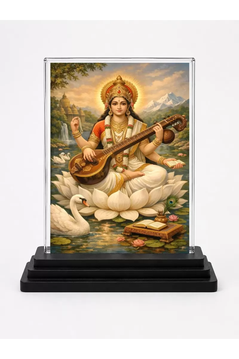 Saraswati Acrylic Car Dashboard Showpiece | Double-Sided Saraswati Photo Stand | 3 X 4 Inch Photo | Transparent Acrylic Frame With Black Base | Car Dashboard, Office & Table Decor (F70268)
