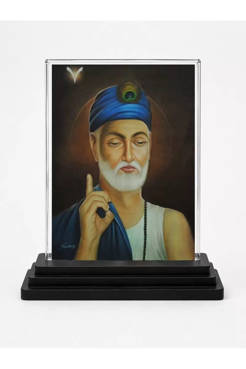 Sant Kabir Das Acrylic Car Dashboard Showpiece | Double-Sided Sant Kabir Das Photo Stand | 3 X 4 Inch Photo | Transparent Acrylic Frame With Black Base | Car Dashboard, Office & Table Decor (F70269)