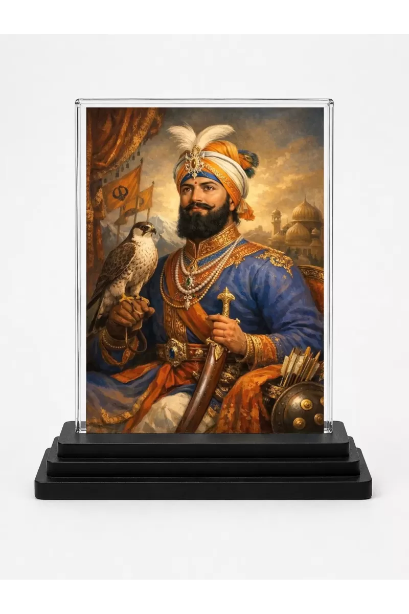 Guru Gobind Singh Ji Acrylic Car Dashboard Showpiece | Double-Sided Guru Gobind Singh Ji Photo Stand | 3 X 4 Inch Photo | Transparent Acrylic Frame With Black Base | Car Dashboard, Office & Table Decor (F70270)