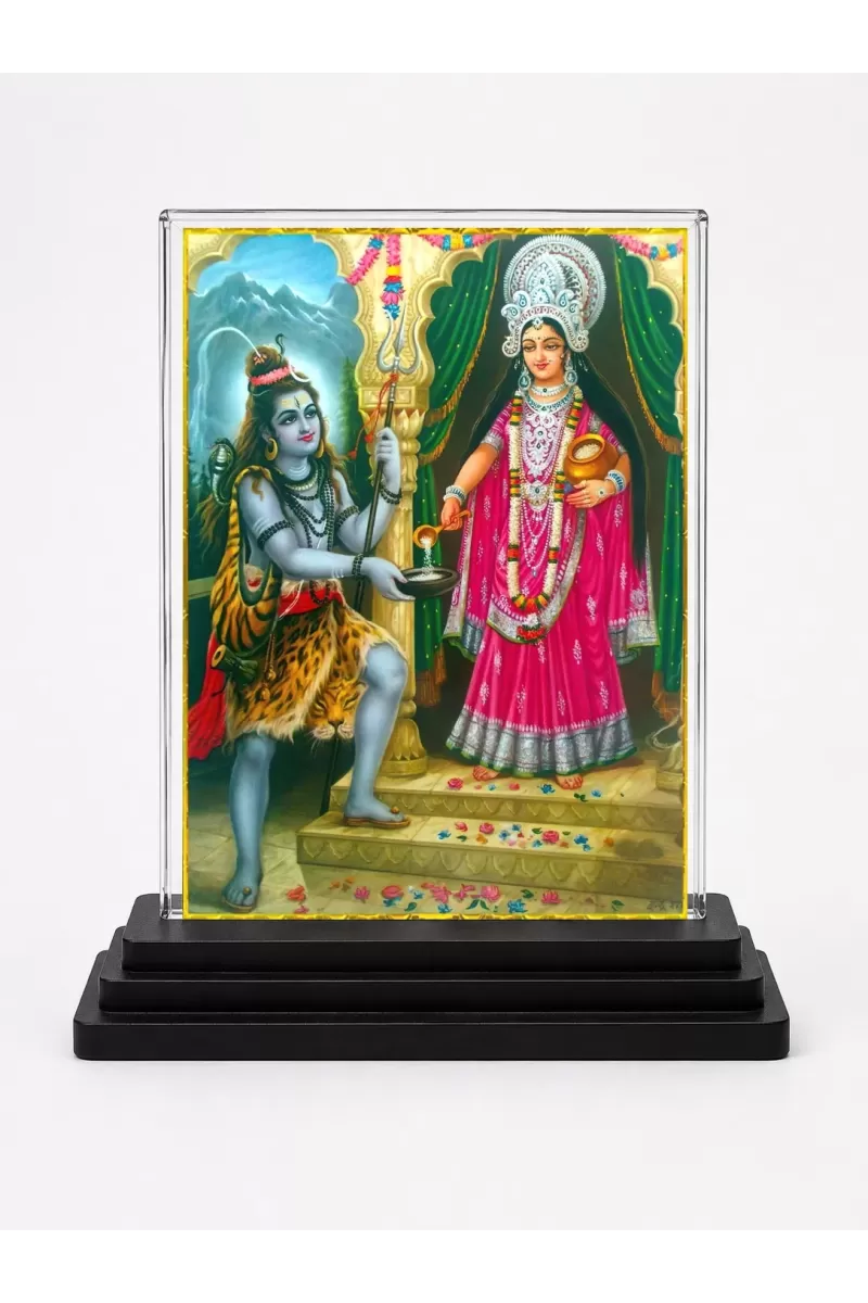 Annapurna Acrylic Car Dashboard Showpiece | Double-Sided Annapurna Photo Stand | 3 X 4 Inch Photo | Transparent Acrylic Frame With Black Base | Car Dashboard, Office & Table Decor (F70271)