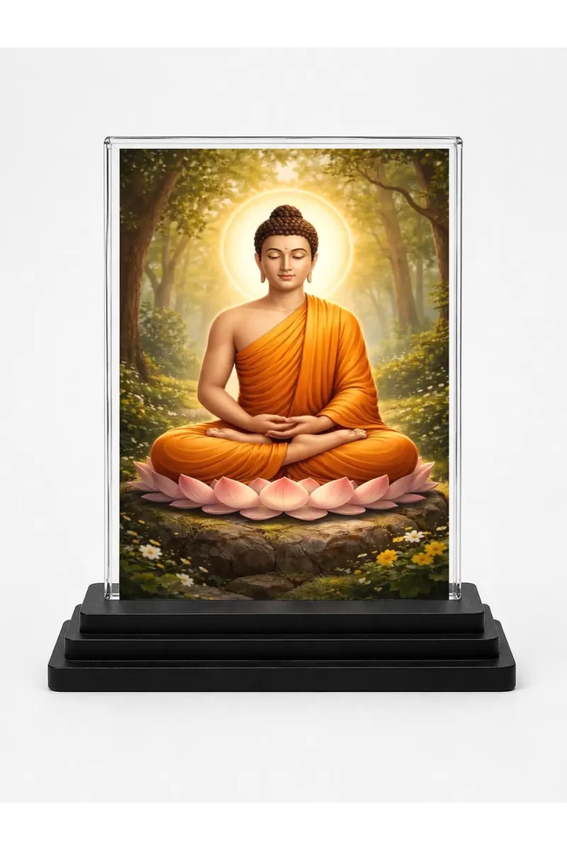 Gautama Buddha Acrylic Car Dashboard Showpiece | Double-Sided Gautama Buddha Photo Stand | 3 X 4 Inch Photo | Transparent Acrylic Frame With Black Base | Car Dashboard, Office & Table Decor (F70273)