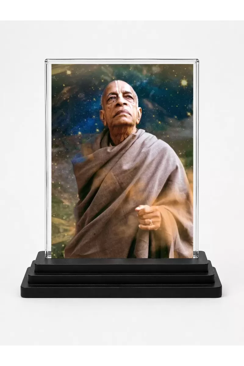 A.C. Bhaktivedanta Swami Prabhupada Acrylic Car Dashboard Showpiece | Double-Sided A.C. Bhaktivedanta Swami Prabhupada Photo Stand | 3 X 4 Inch Photo | Transparent Acrylic Frame With Black Base | Car Dashboard, Office & Table Decor (F70276)